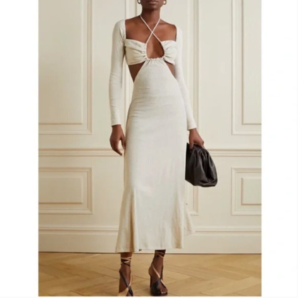 Rosetta Getty Ruched Cutout Cotton-Jersey Maxi Dress in Light Grey Melange sz M - Picture 2 of 6